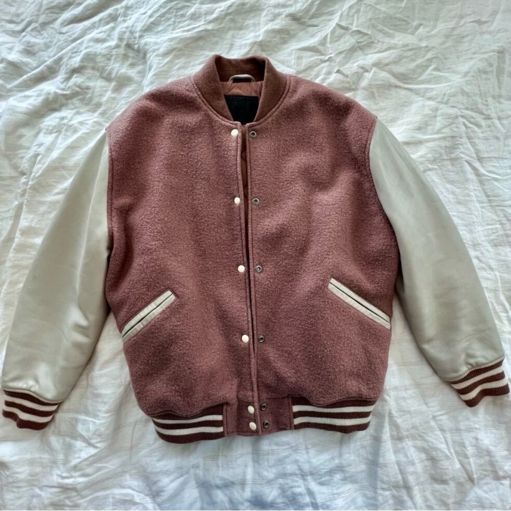AllSaints Pink Varsity Bomber Jacket – Wool Body & Leather Sleeves